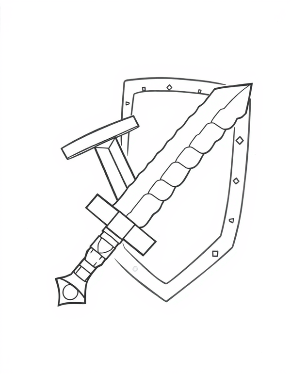 Blocky stepped sword and shield drawn large, black and white line art