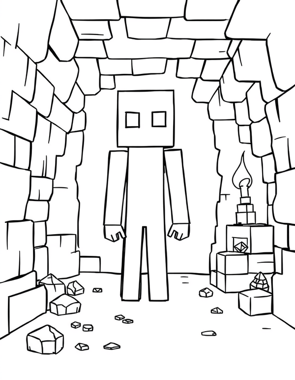 Tall slim blocky figure standing in a cube stone cave, black and white line art
