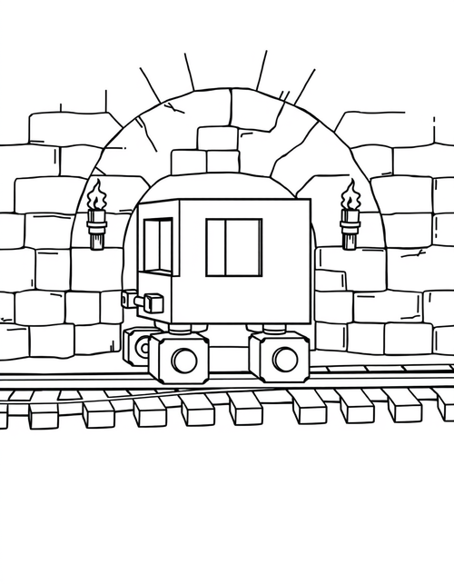 Blocky mine cart on rails in a cube tunnel with torches, black and white line art