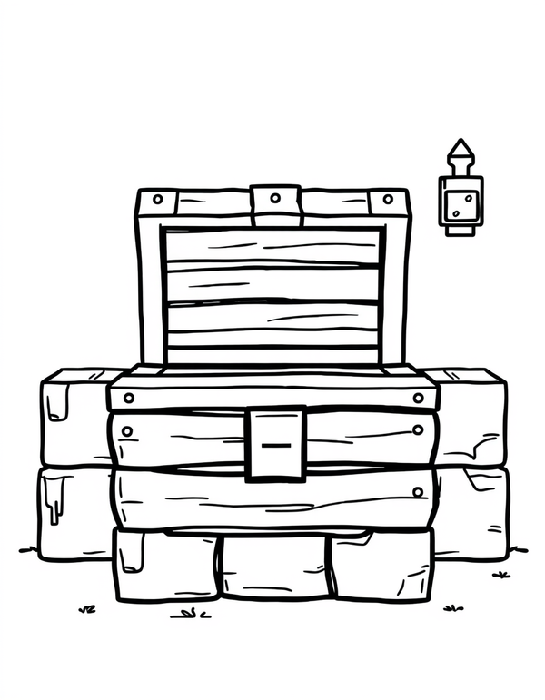 Open blocky treasure chest with a latch beside stacked cubes, black and white line art