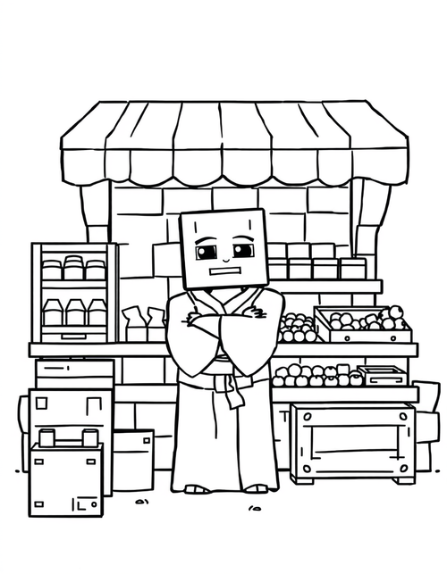 Blocky villager standing behind a cube market stall with crates, black and white line art