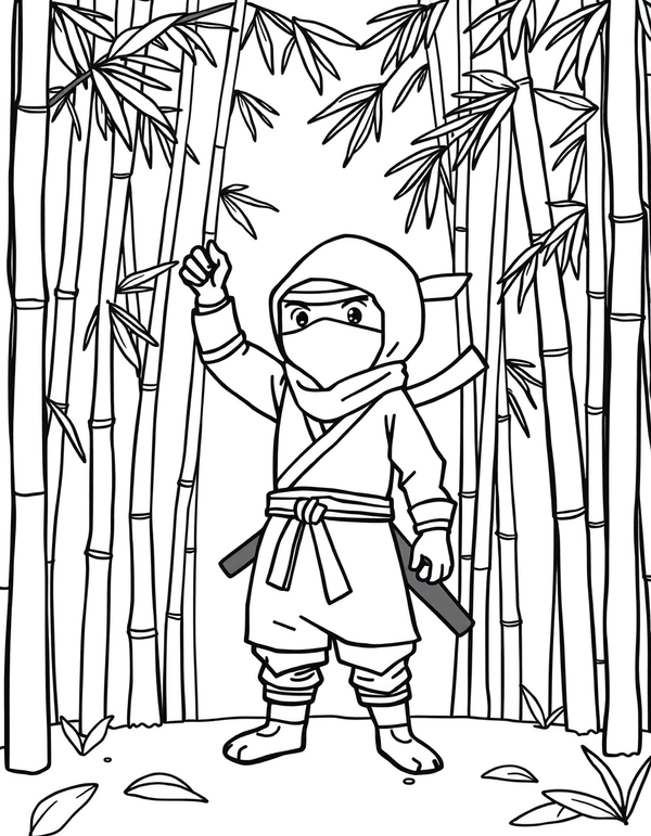 Black and white coloring page of a ninja standing alert in a bamboo forest