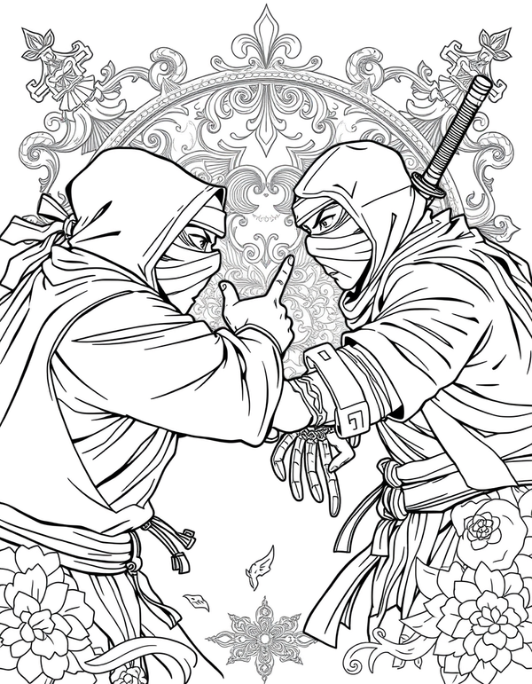 Black and white coloring page of two ninjas facing off in a dramatic battle