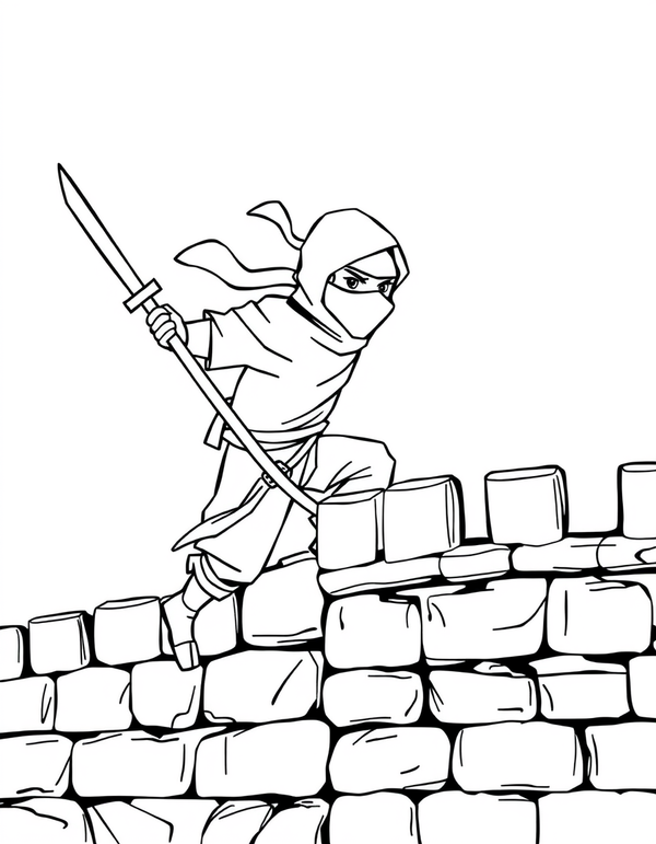 Black and white coloring page of a ninja scaling a stone castle wall