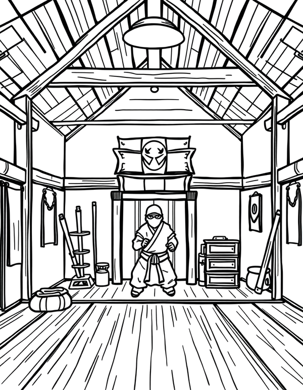 Black and white coloring page of the interior of a ninja dojo with training equipment