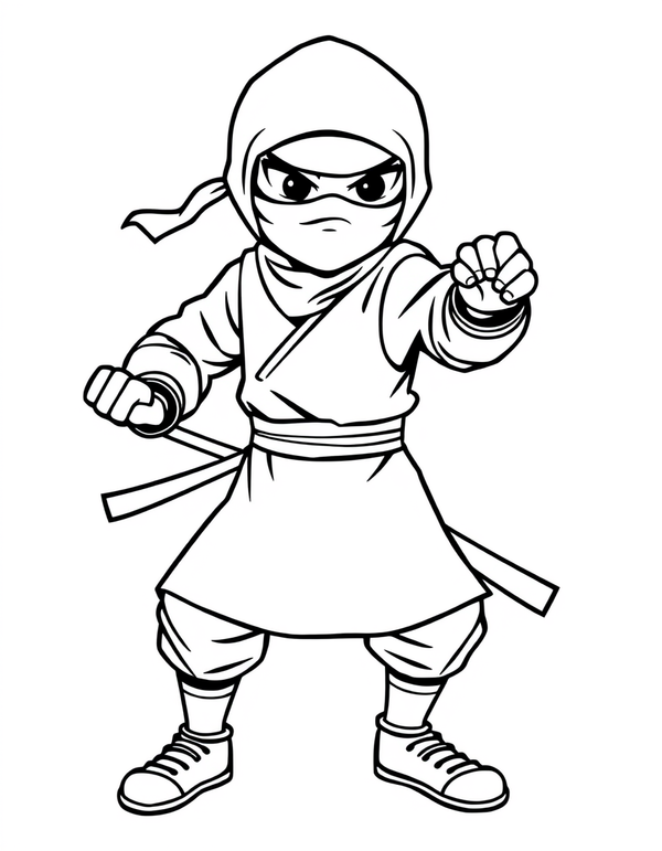 Black and white coloring page of a ninja in a ready fighting stance