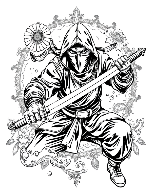 Black and white coloring page of a ninja drawing a gleaming katana sword