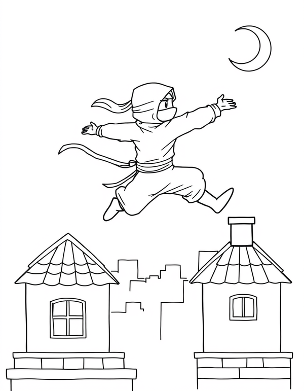 Black and white coloring page of a ninja leaping across rooftops at night