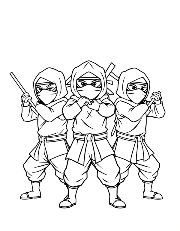 Black and white coloring page of a team of three ninjas posed in formation