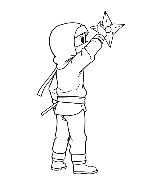 Black and white coloring page of a ninja in mid-throw hurling a shuriken throwing star