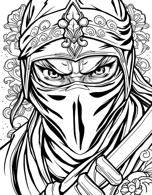 Black and white coloring page of a fierce ninja warrior close-up portrait