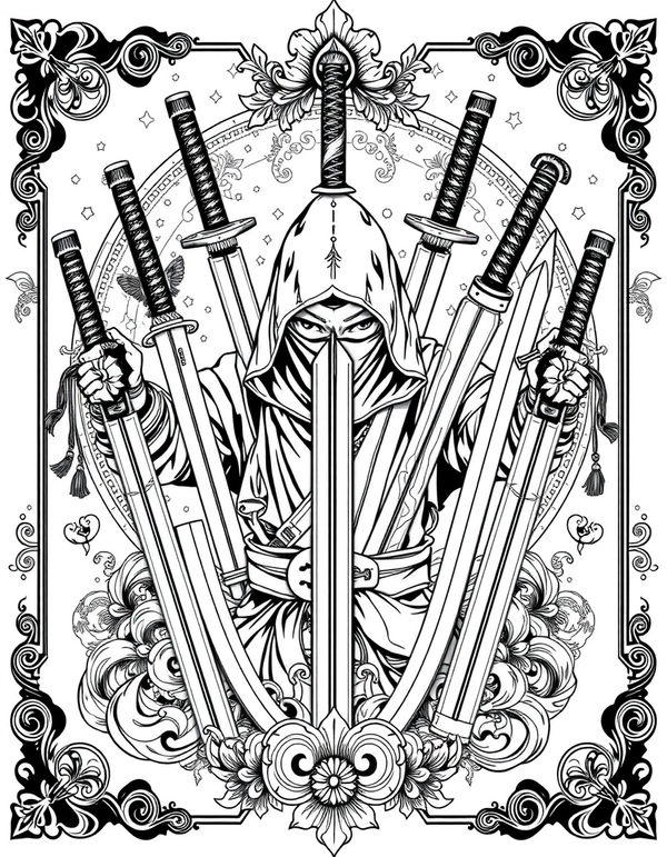 Black and white coloring page of an artistic display of traditional ninja weapons