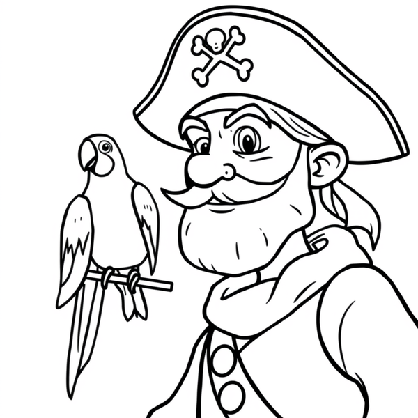 Black and white coloring page of pirate captain with a parrot on his shoulder