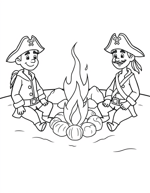 Black and white coloring page of pirate crew celebrating around a campfire on a beach