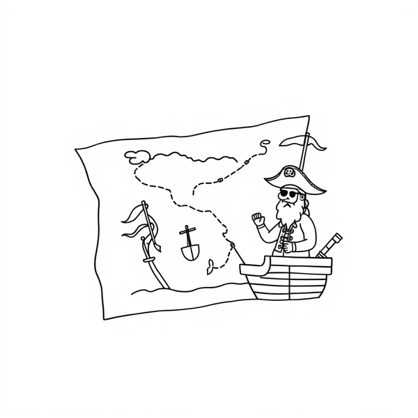 Black and white coloring page of pirates mapping their treasure route