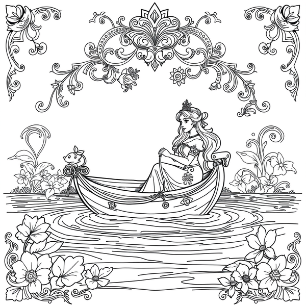 Black and white coloring page of princess sailing a boat on an enchanted lake