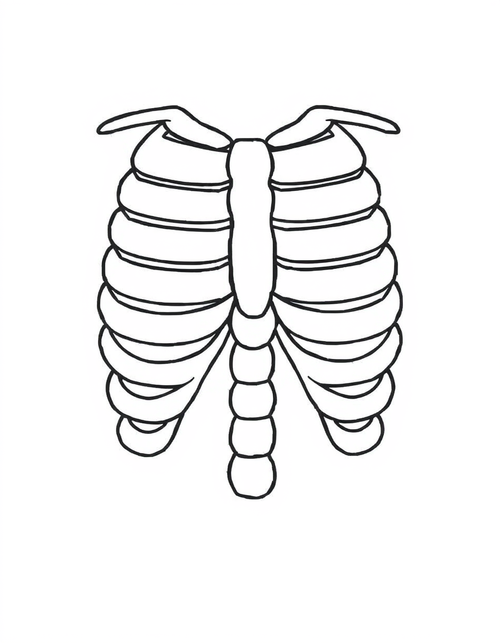 Human rib cage and spine seen from the front, black and white line art diagram
