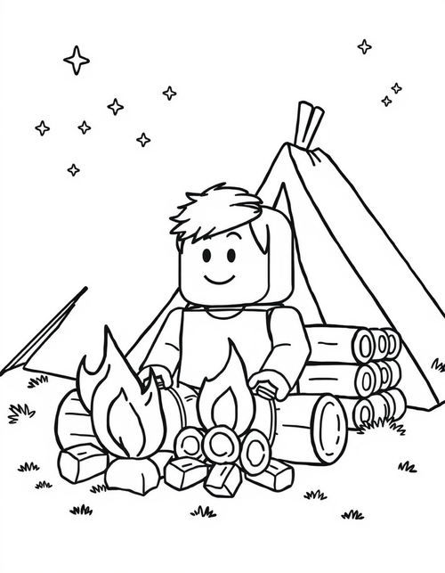 Blocky avatar character sitting on a log beside a campfire, black and white line art