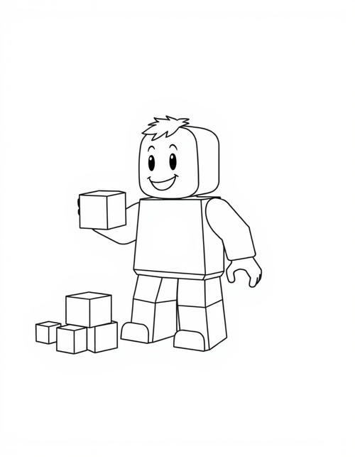 Blocky avatar character stacking cube blocks into a tower, black and white line art