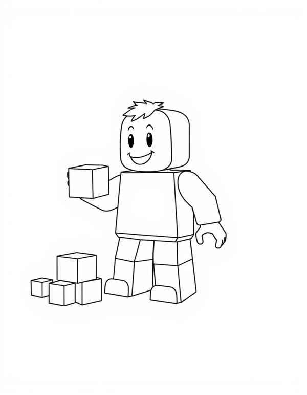 Blocky avatar character stacking cube blocks into a tower, black and white line art