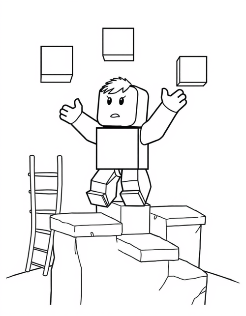 Blocky avatar character climbing stepped platforms on an obstacle course, black and white line art