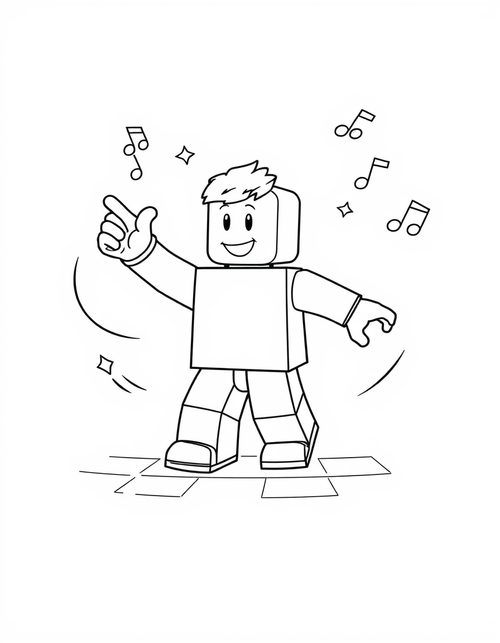 Blocky avatar character dancing with one arm raised and motion arcs, black and white line art