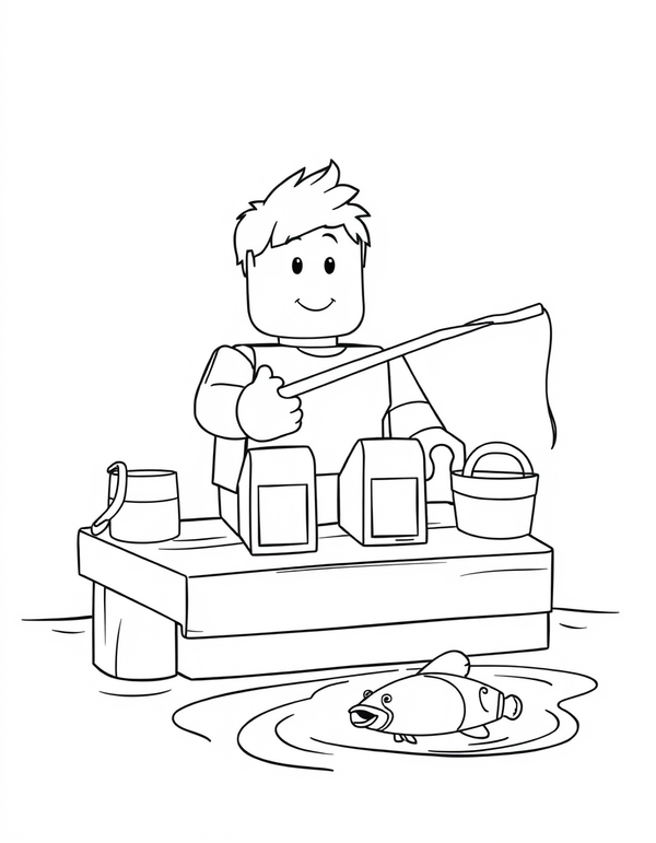 Blocky avatar character sitting on a dock fishing, black and white line art