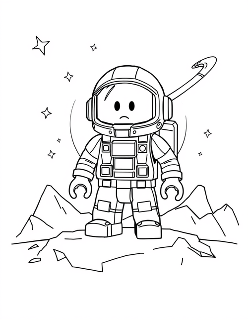 Blocky avatar character wearing a domed space helmet and suit, black and white line art