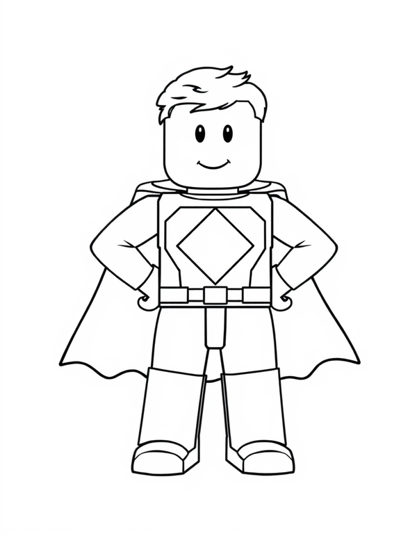 Blocky avatar character in a superhero cape striking a hero pose, black and white line art
