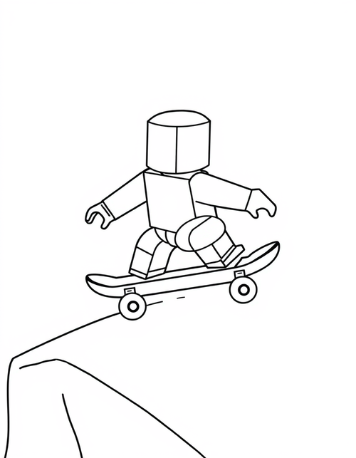 Blocky avatar character riding a skateboard on a ramp, black and white line art
