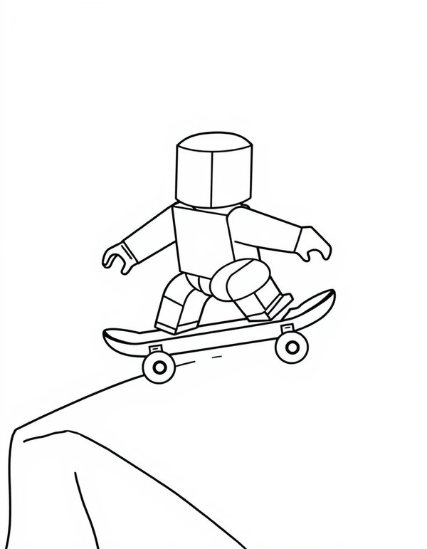Blocky avatar character riding a skateboard on a ramp, black and white line art