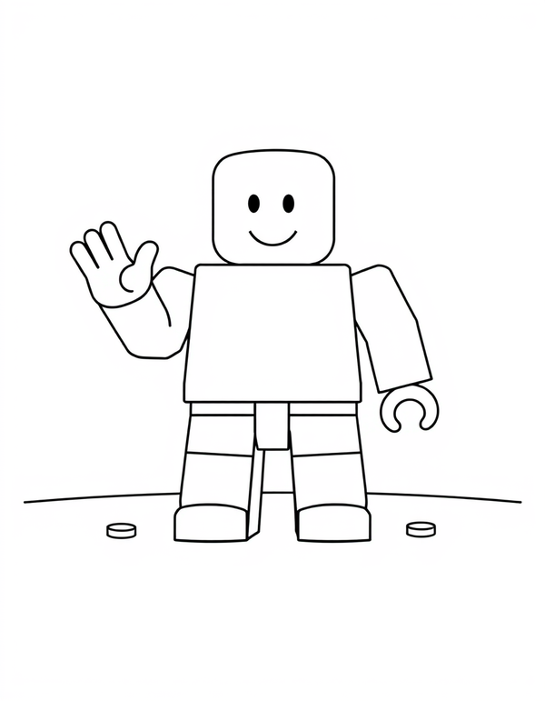 Blocky avatar character with a cylinder head standing and waving, black and white line art