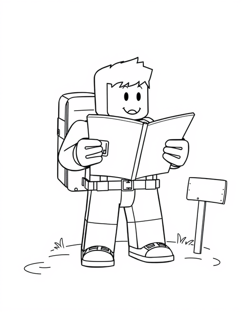 Blocky avatar character wearing a backpack and holding a map, black and white line art