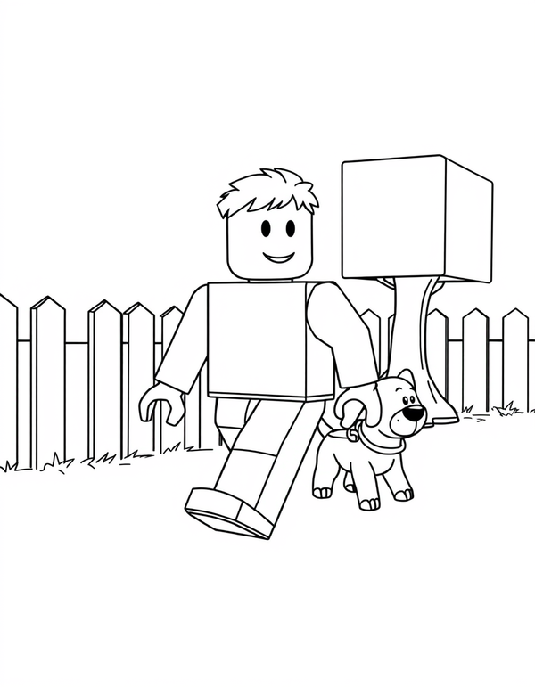 Blocky avatar character walking a cube shaped dog on a lead, black and white line art