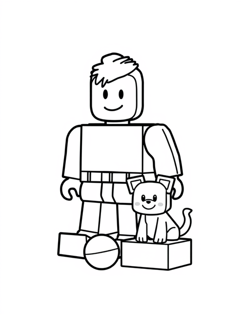 Blocky avatar character standing beside a small blocky pet, black and white line art