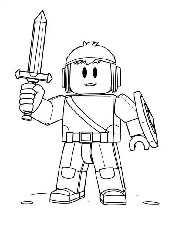 Blocky avatar character holding a long sword, black and white line art