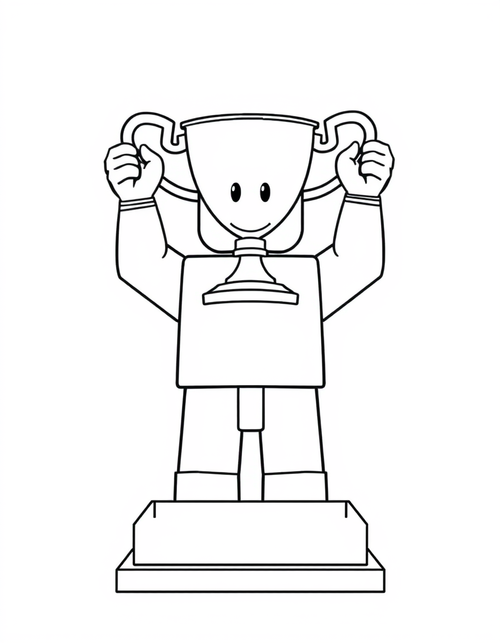 Blocky avatar character holding up a tall trophy, black and white line art