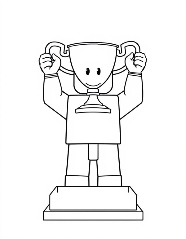 Blocky avatar character holding up a tall trophy, black and white line art
