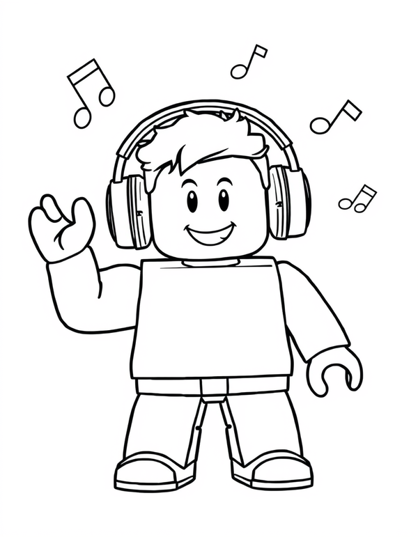 Blocky avatar character wearing over ear headphones with music notes, black and white line art