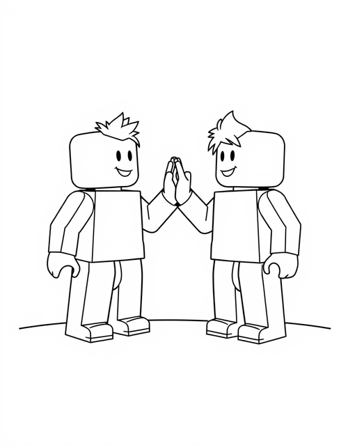 Two blocky avatar characters high fiving, black and white line art