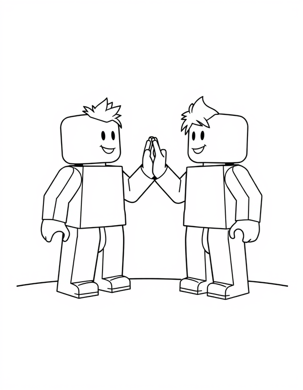 Two blocky avatar characters high fiving, black and white line art