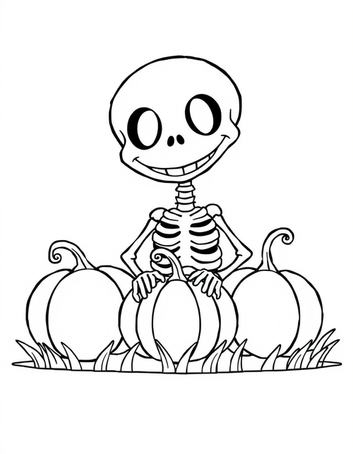 Cartoon skeleton sitting beside three pumpkins, black and white line art