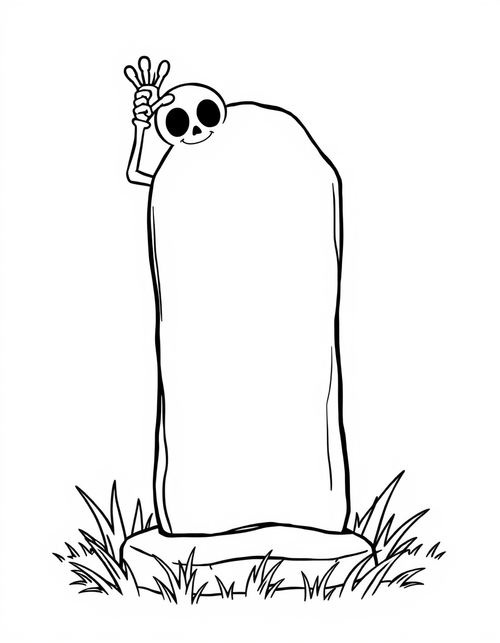 Cartoon skeleton waving from behind a gravestone, black and white line art