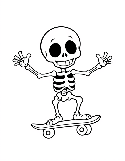 Cartoon skeleton riding a skateboard with arms out, black and white line art