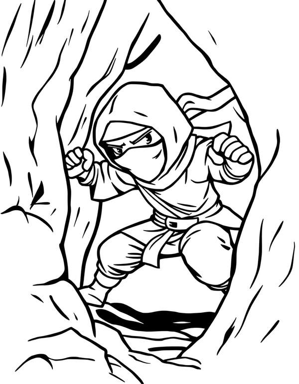 Black and white coloring page of a ninja sneaking silently through the shadows