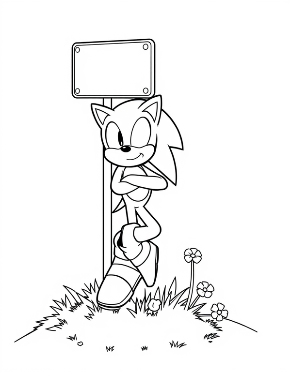 Cartoon hedgehog leaning against a tall signpost, black and white line art