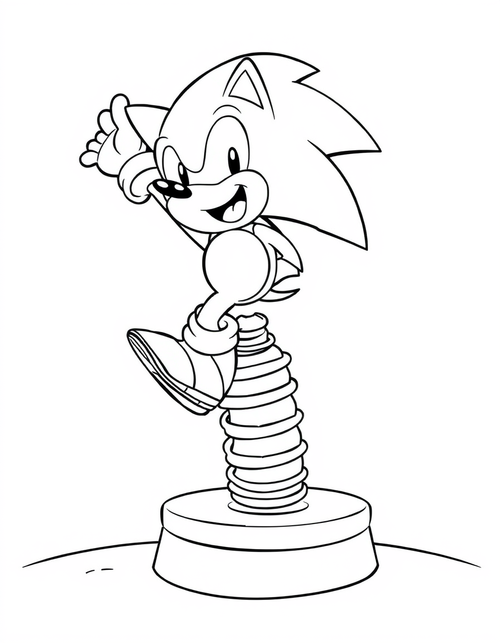 Cartoon hedgehog launching upward off a coiled spring pad, black and white line art