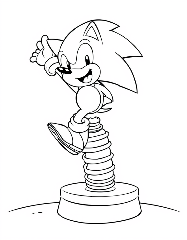 Cartoon hedgehog launching upward off a coiled spring pad, black and white line art