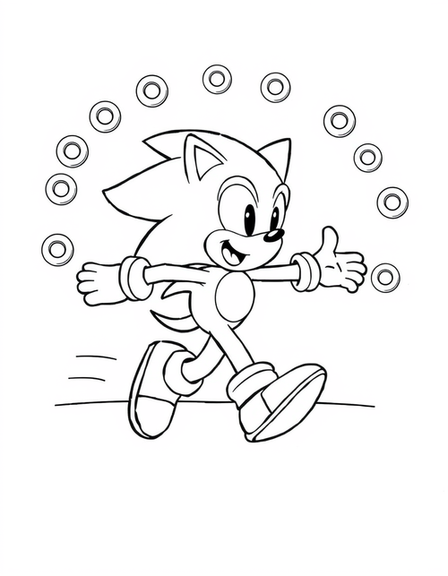Cartoon hedgehog running with arms outstretched through a line of floating rings, black and white line art