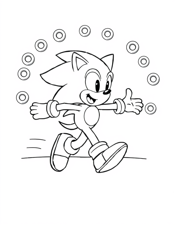 Cartoon hedgehog running with arms outstretched through a line of floating rings, black and white line art